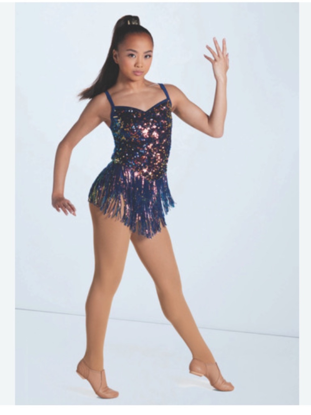 Weissman XSA navy and gold dance costume with sequins and fringe